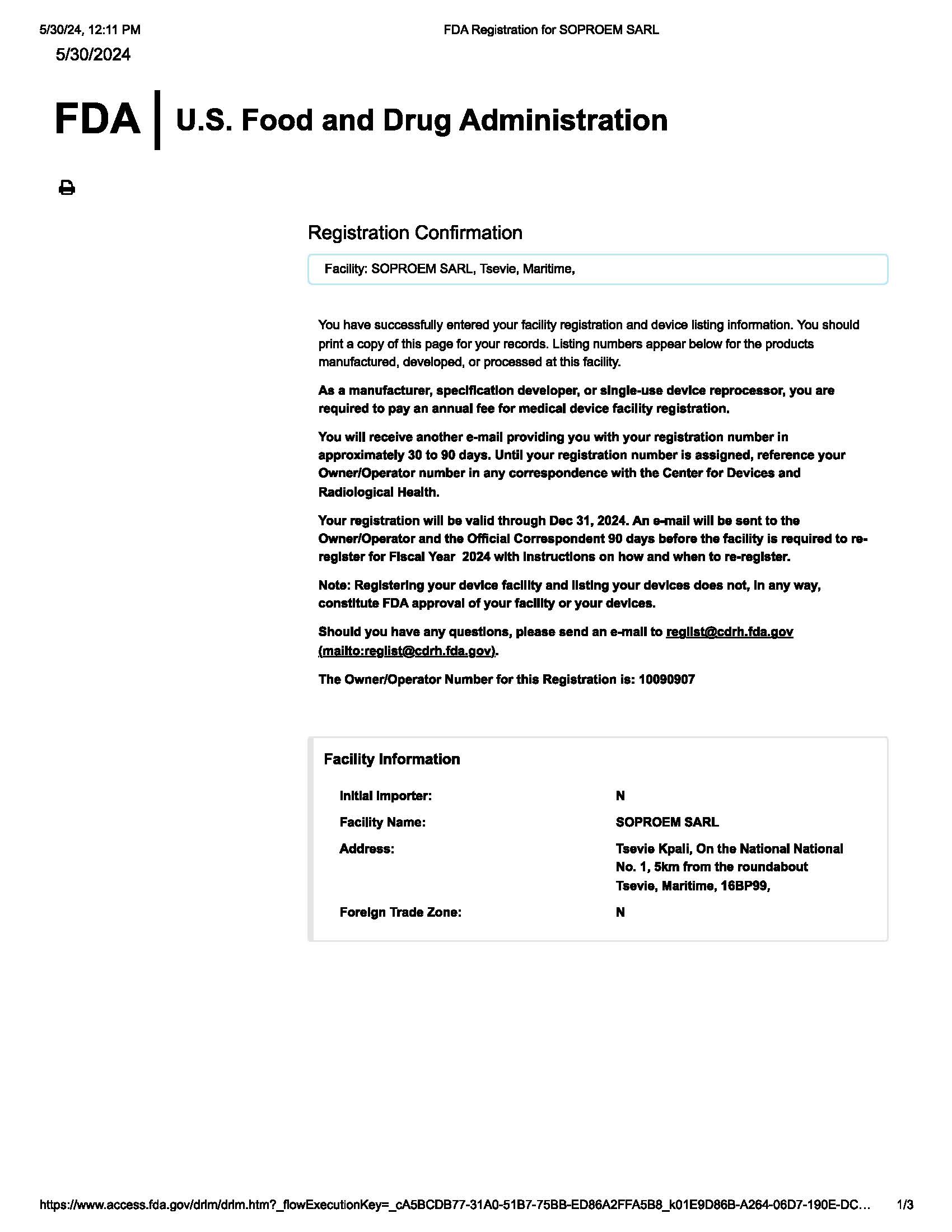 FDA Certificate
